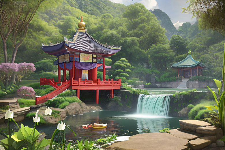 云雾翠竹湖畔紫色睡莲花园的浪漫景致