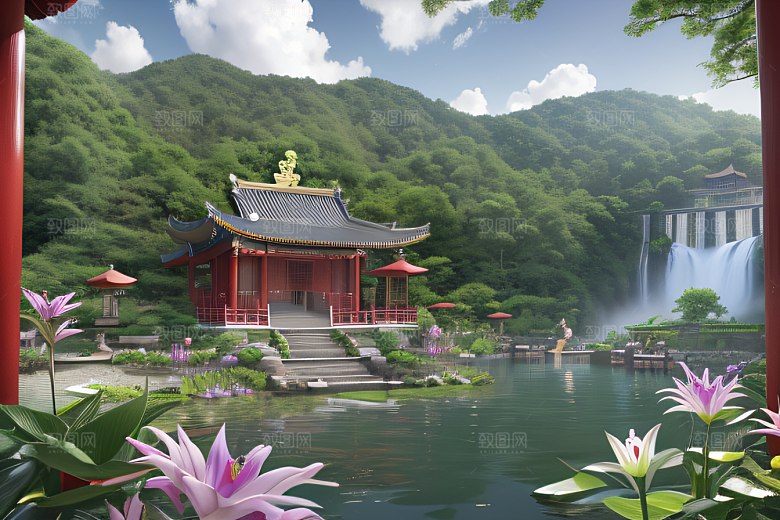 云雾翠竹湖畔紫色睡莲花园的浪漫景致