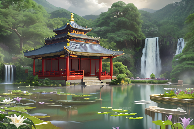 云雾翠竹湖畔紫色睡莲花园的浪漫景致