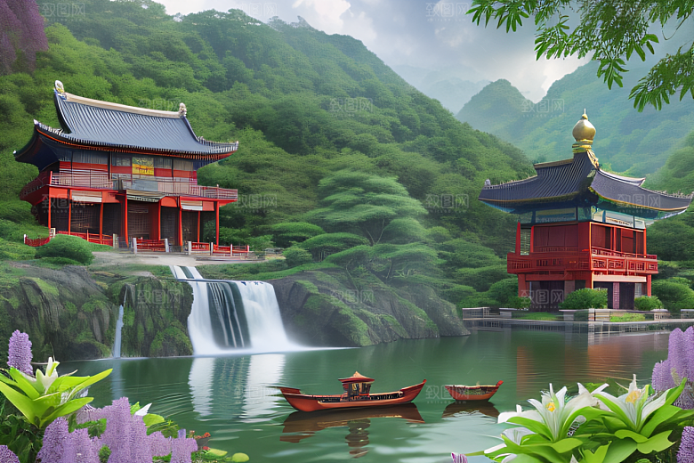 云雾翠竹湖畔紫色睡莲花园的浪漫景致
