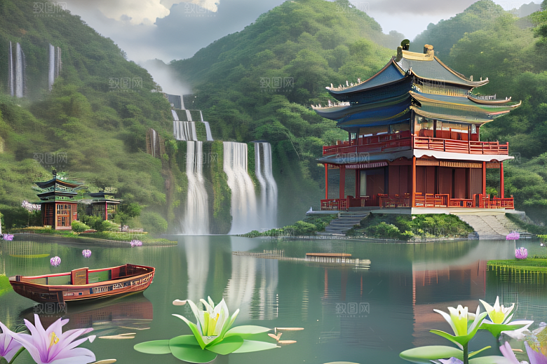 云雾翠竹湖畔紫色睡莲花园的浪漫景致