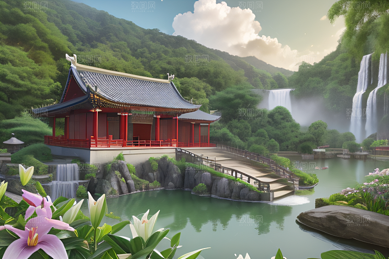 云雾翠竹湖畔紫色睡莲花园的浪漫景致