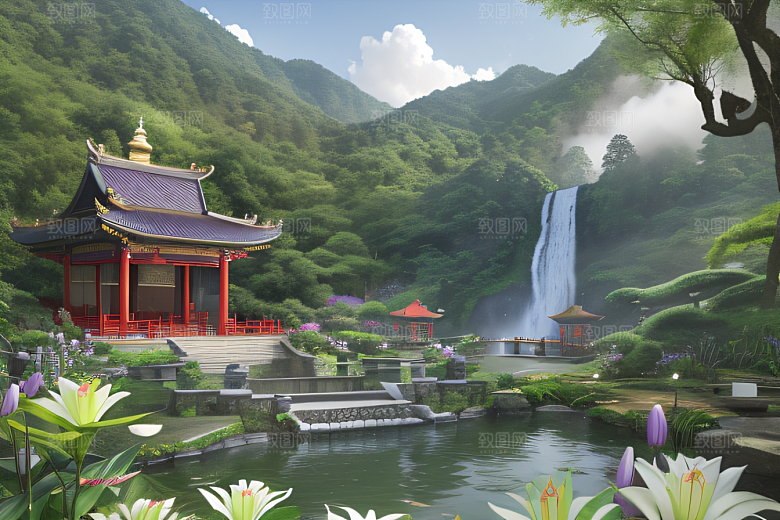云雾翠竹湖畔紫色睡莲花园的浪漫景致