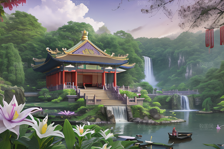 云雾翠竹湖畔紫色睡莲花园的浪漫景致