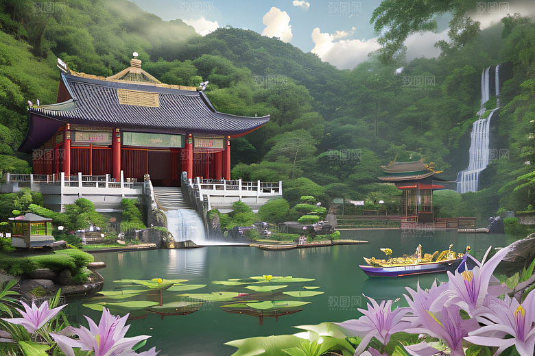 云雾翠竹湖畔紫色睡莲花园的浪漫景致