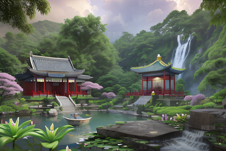 云雾翠竹湖畔紫色睡莲花园的浪漫景致