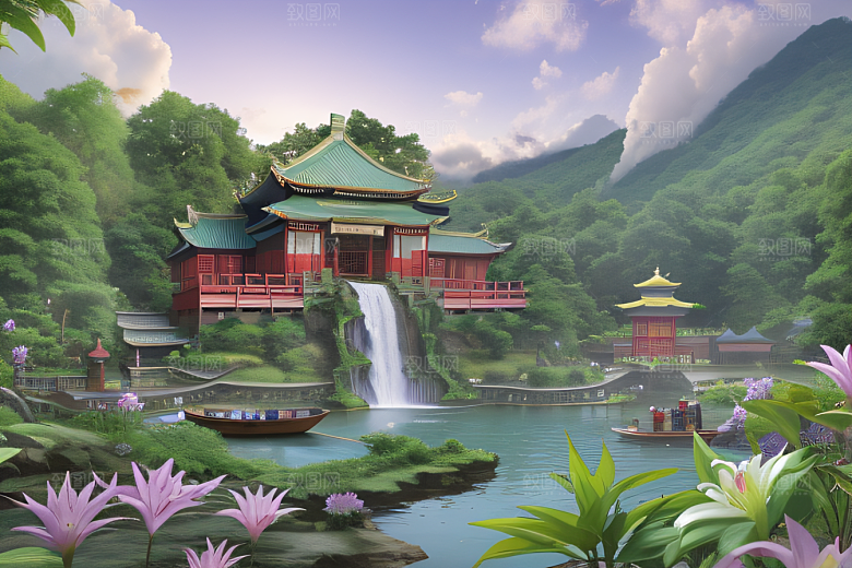 云雾翠竹湖畔紫色睡莲花园的浪漫景致