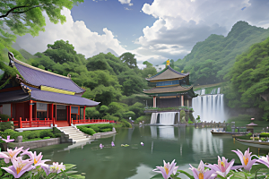 湖畔仙境中国寺庙与瀑布交相辉映