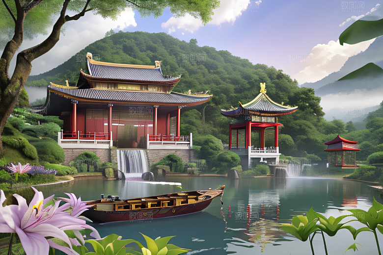 湖畔仙境中国寺庙与瀑布交相辉映