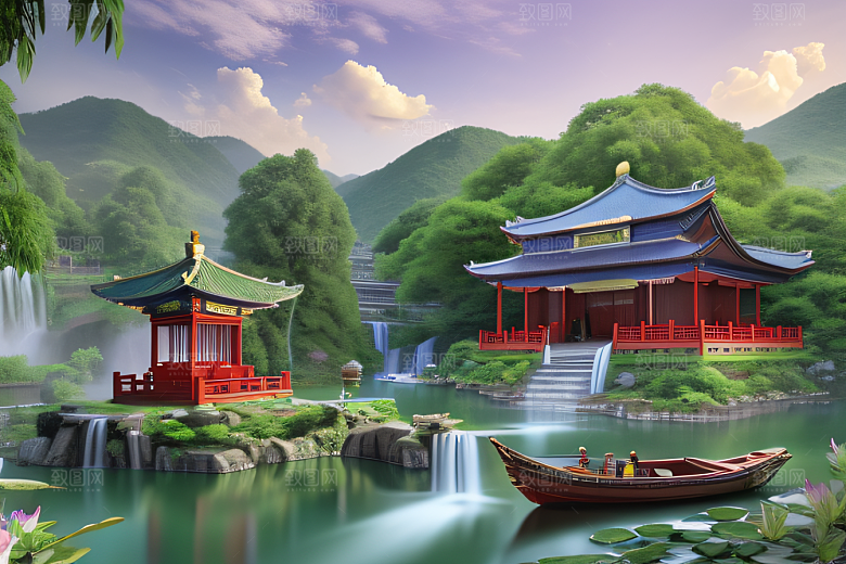 湖畔仙境中国寺庙与瀑布交相辉映