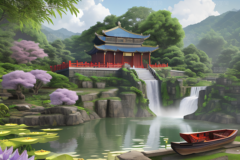 湖畔仙境中国寺庙与瀑布交相辉映