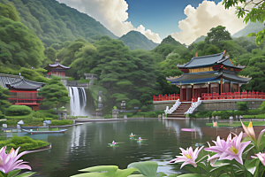 湖畔仙境中国寺庙与瀑布交相辉映
