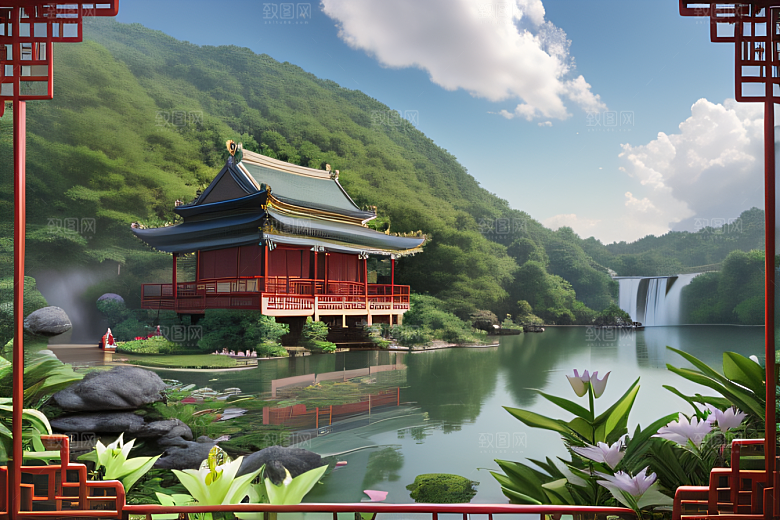 湖畔仙境中国寺庙与瀑布交相辉映