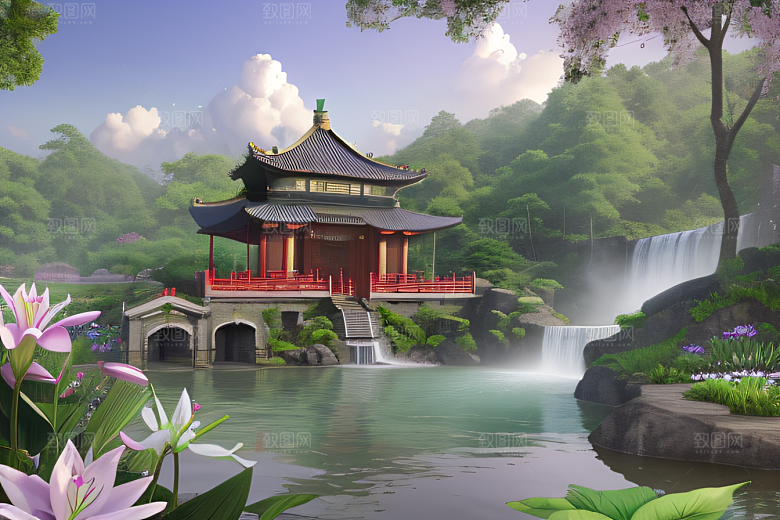 湖畔仙境中国寺庙与瀑布交相辉映