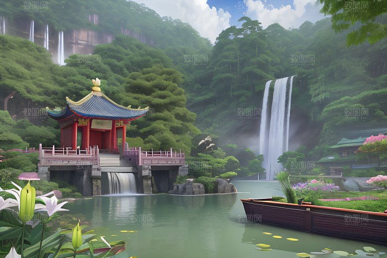 湖畔仙境中国寺庙与瀑布交相辉映