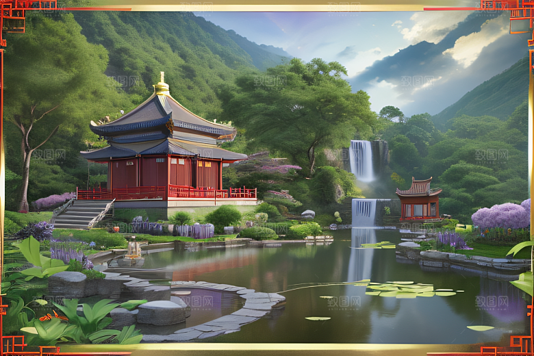 湖畔仙境中国寺庙与瀑布交相辉映