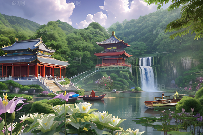 湖畔仙境中国寺庙与瀑布交相辉映