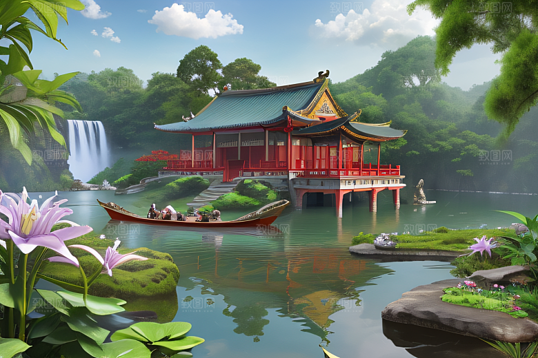 湖畔仙境中国寺庙与瀑布交相辉映