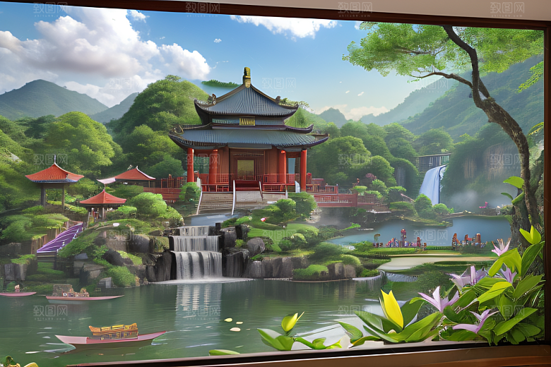 湖畔仙境中国寺庙与瀑布交相辉映