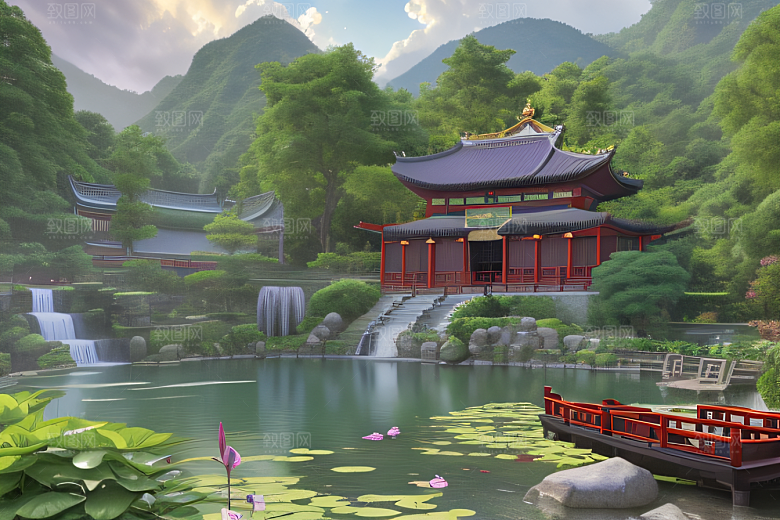 湖畔仙境中国寺庙与瀑布交相辉映