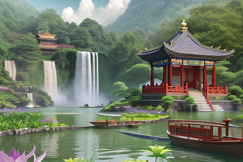 湖畔仙境中国寺庙与瀑布交相辉映