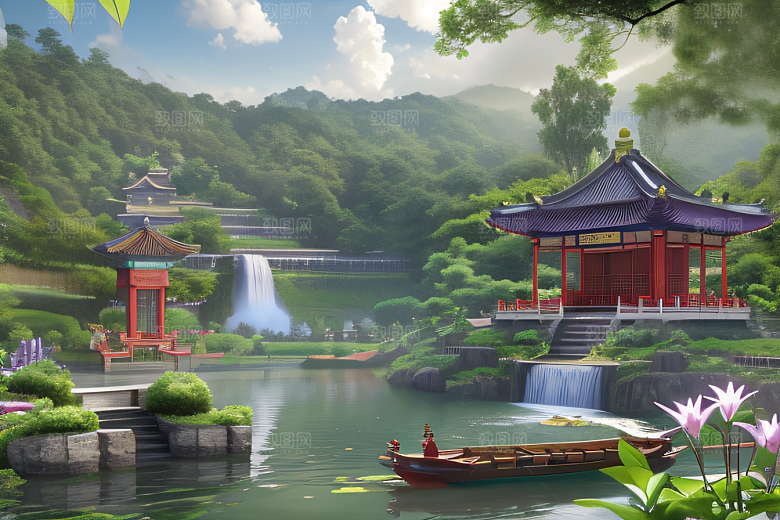 湖畔仙境中国寺庙与瀑布交相辉映