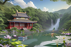 美丽仙境湖畔的寺庙船只与瀑布