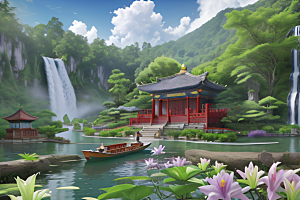 美丽仙境湖畔的寺庙船只与瀑布