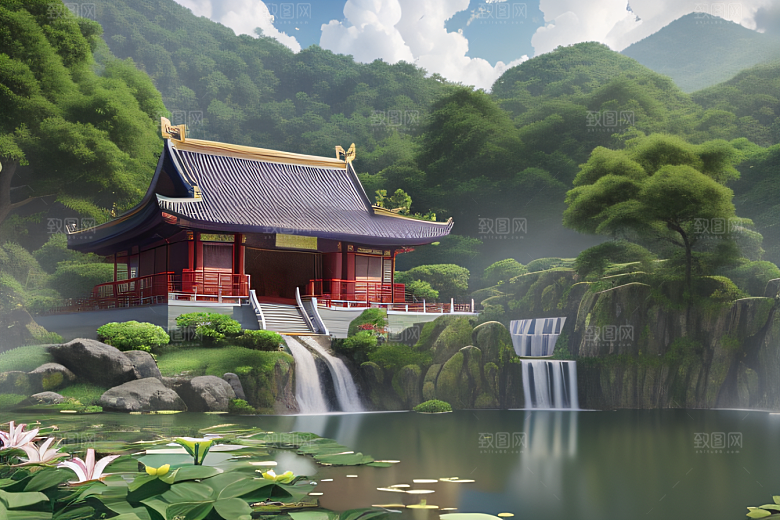 美丽仙境湖畔的寺庙船只与瀑布