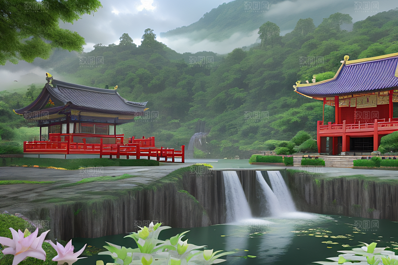 美丽仙境湖畔的寺庙船只与瀑布
