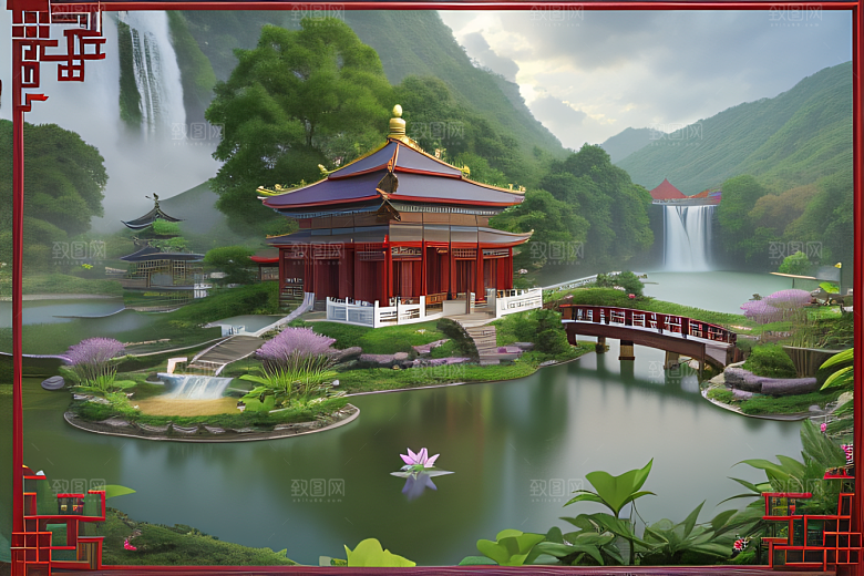 美丽仙境湖畔的寺庙船只与瀑布