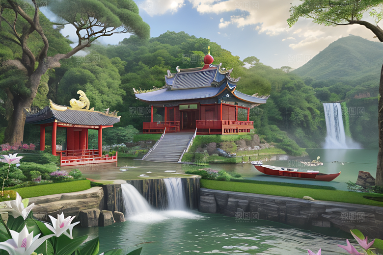 美丽仙境湖畔的寺庙船只与瀑布