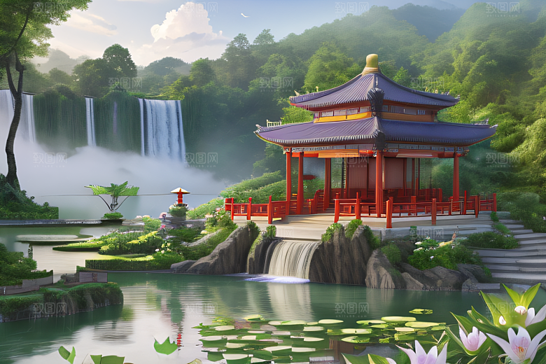美丽仙境湖畔的寺庙船只与瀑布