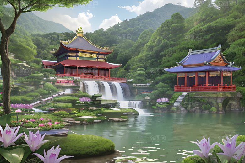 美丽仙境湖畔的寺庙船只与瀑布