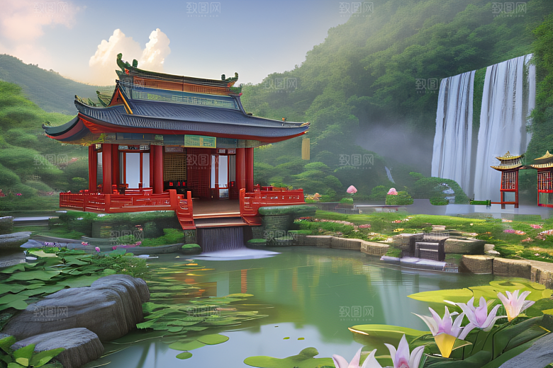 美丽仙境湖畔的寺庙船只与瀑布