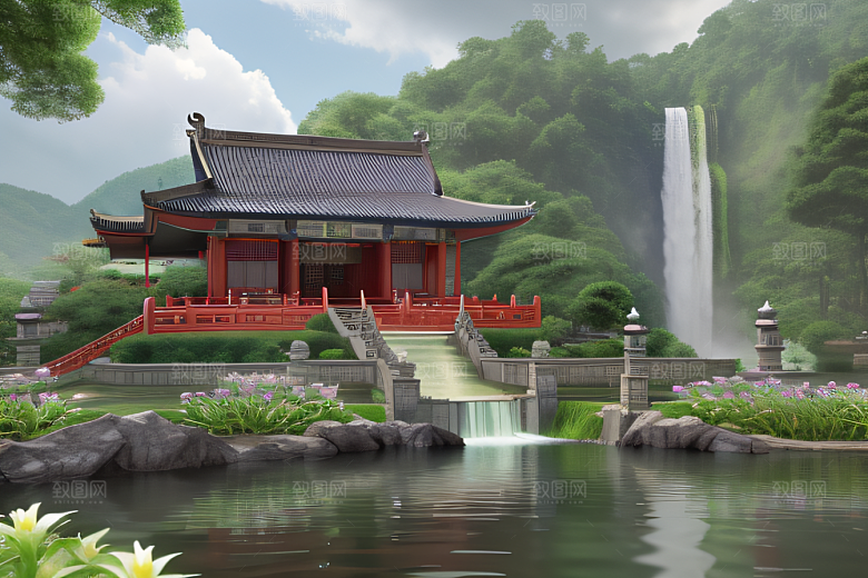 美丽仙境湖畔的寺庙船只与瀑布
