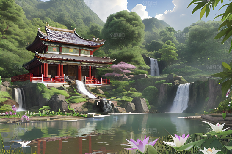 美丽仙境湖畔的寺庙船只与瀑布