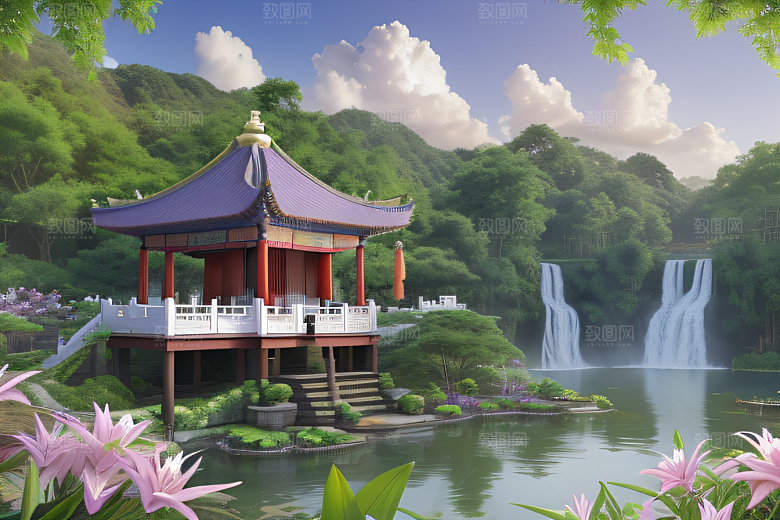 美丽仙境湖畔的寺庙船只与瀑布