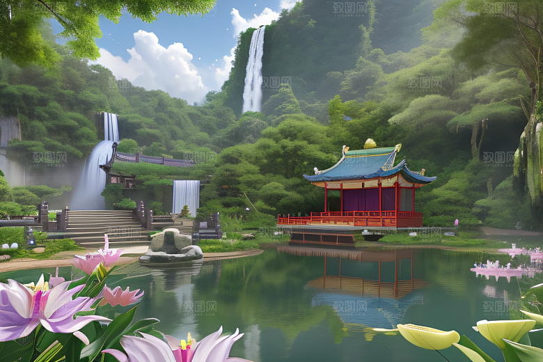 美丽仙境湖畔的寺庙船只与瀑布