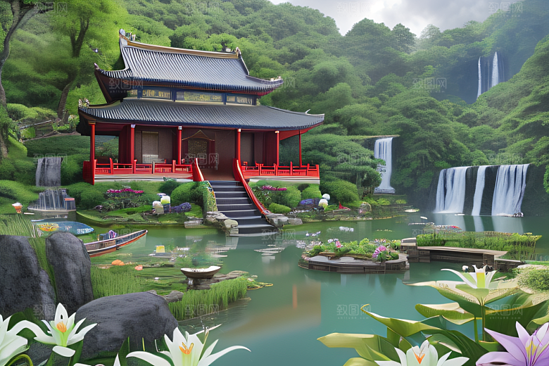美丽仙境湖畔的寺庙船只与瀑布