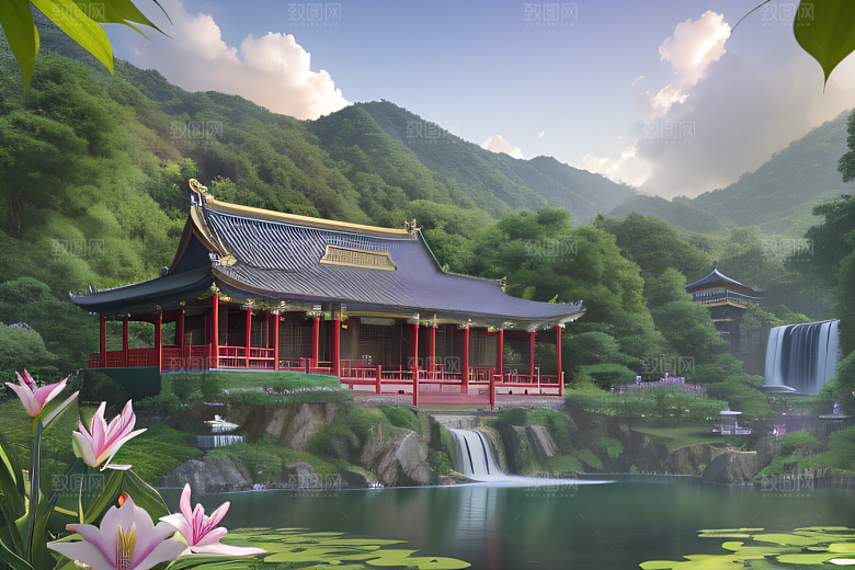 紫色花海湖畔仙境中的睡莲花园