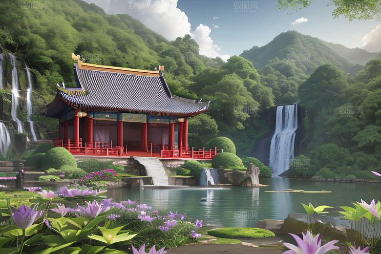 紫色花海湖畔仙境中的睡莲花园