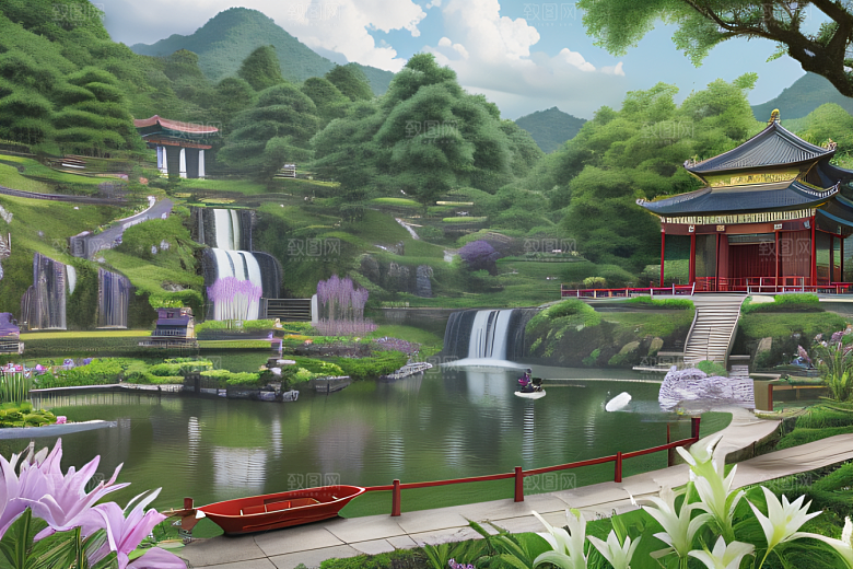 紫色花海湖畔仙境中的睡莲花园
