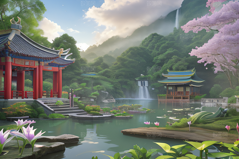 紫色花海湖畔仙境中的睡莲花园