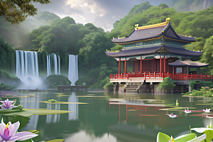 紫色花海湖畔仙境中的睡莲花园
