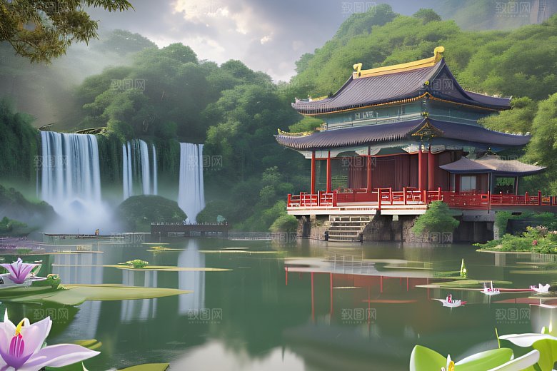 紫色花海湖畔仙境中的睡莲花园