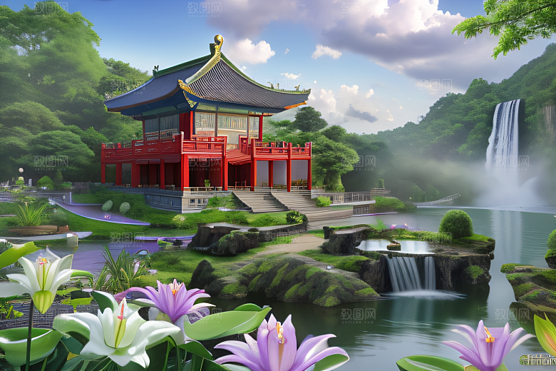 紫色花海湖畔仙境中的睡莲花园