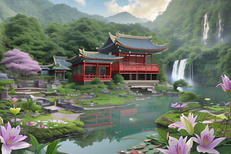 紫色花海湖畔仙境中的睡莲花园
