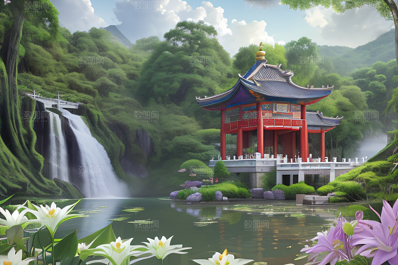 紫色花海湖畔仙境中的睡莲花园