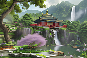 紫色花海湖畔仙境中的睡莲花园